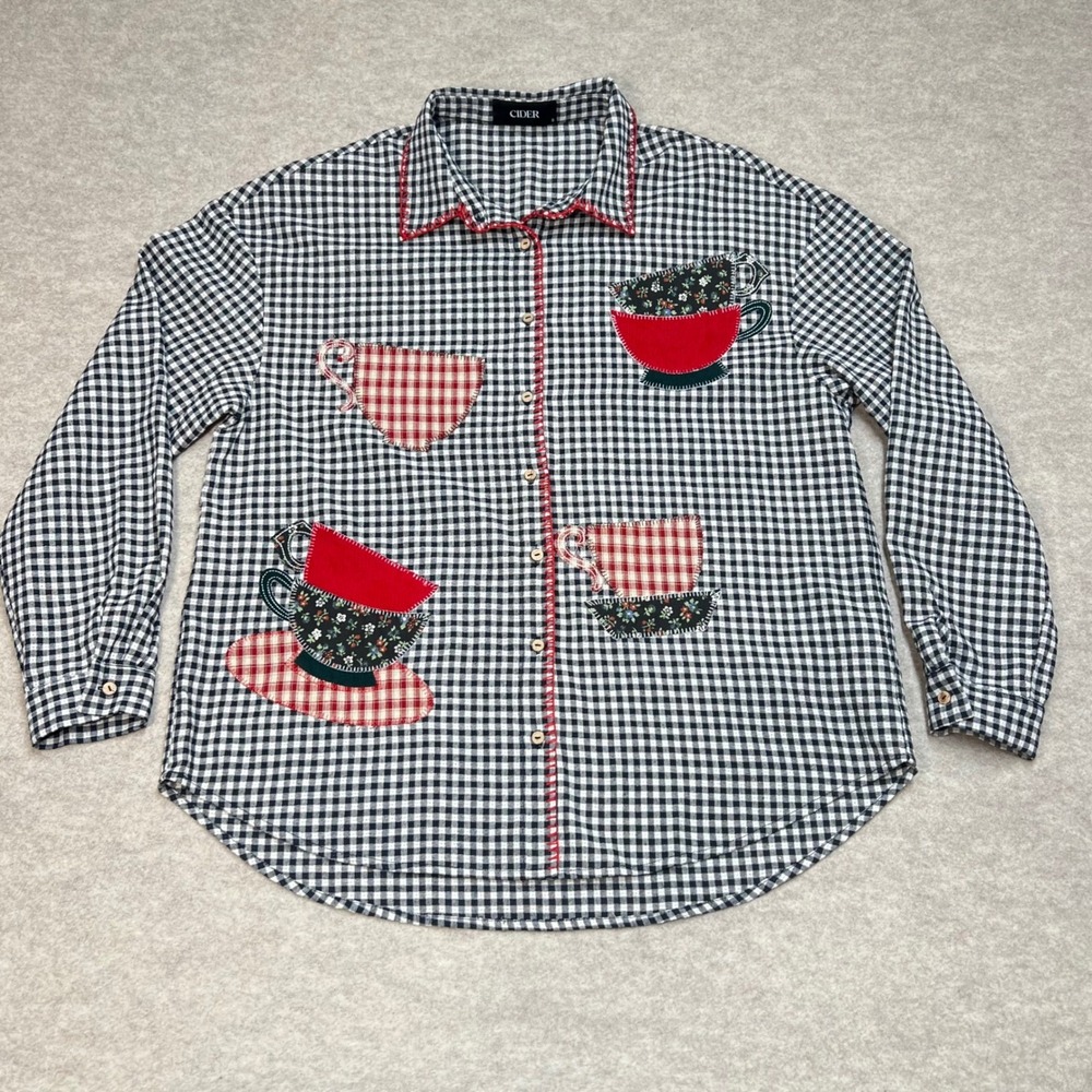 Cider Gingham Teacup Patchwork Button Down Dark Navy Red Small Cottagecore